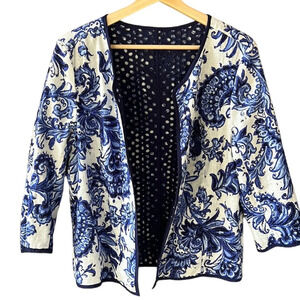 Coldwater Creek S10 Linen Blend Reversible Blue White Floral Eyelet Open Jacket